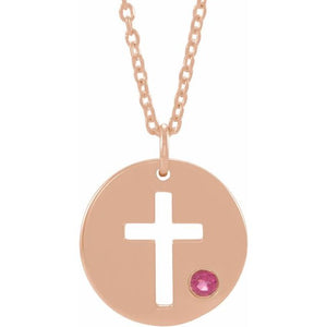 14K Gold .03 Ctw Natural Diamond Pierced Cross Disc Necklace