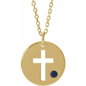 14K Gold .03 Ctw Natural Diamond Pierced Cross Disc Necklace