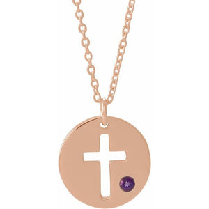 14K Gold .03 Ctw Natural Diamond Pierced Cross Disc Necklace