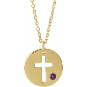 14K Gold .03 Ctw Natural Diamond Pierced Cross Disc Necklace