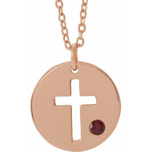 14K Gold .03 Ctw Natural Diamond Pierced Cross Disc Necklace