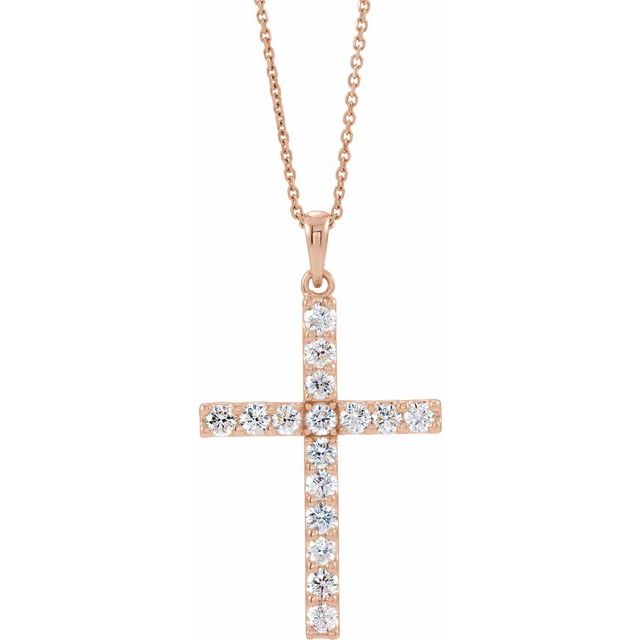 14K Rose Gold, 18" Natural Diamond Cross Necklace - Elegant Design