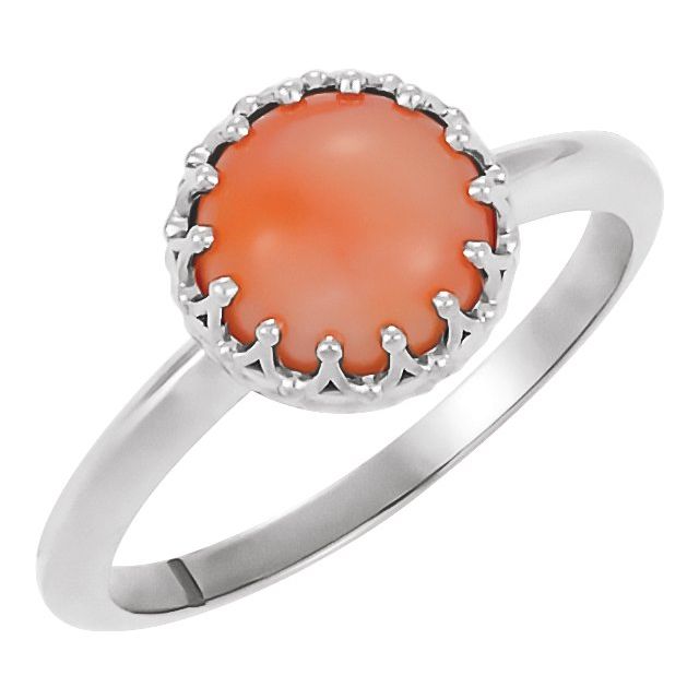 14K White Gold Natural Pink Coral Crown Cabochon Ring – Elegant Design