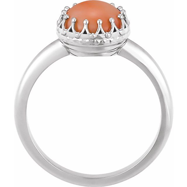 14K White 6 mm Natural Pink Coral Crown Cabochon Ring