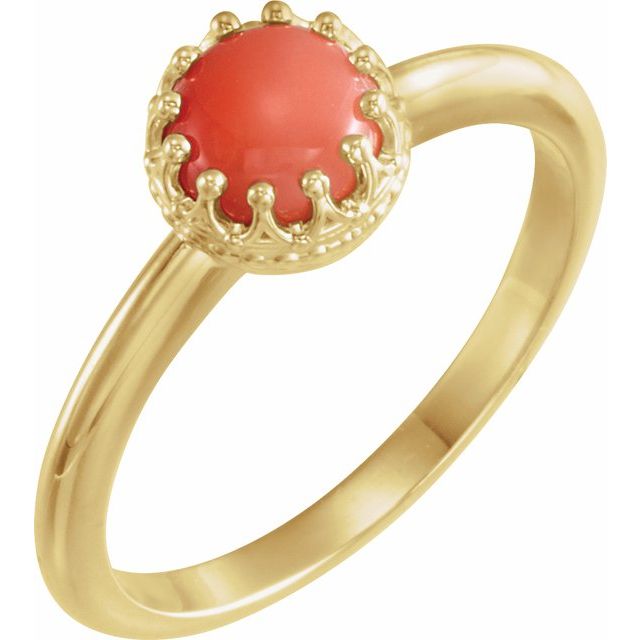 14K White 6 mm Natural Pink Coral Crown Cabochon Ring