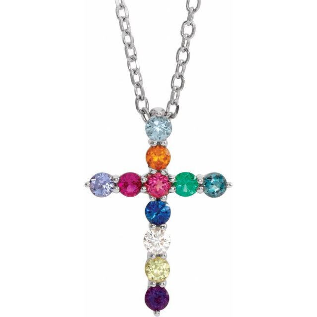 Natural Multi-Gemstone Round Cross Necklace in 14K Gold