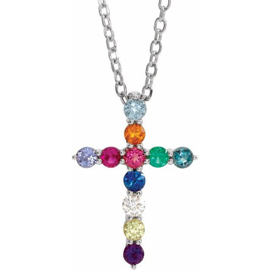 Natural Multi-Gemstone Round Cross Necklace in 14K Gold