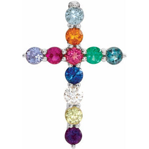 Natural Multi-Gemstone Cross Pendant in 14K Gold