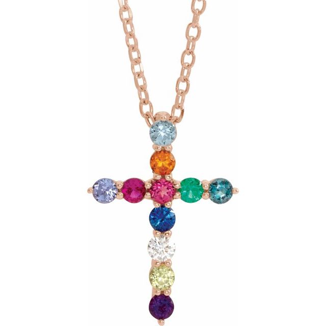 Natural Multi-Gemstone Round Cross Necklace in 14K Gold