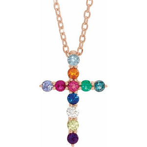 Natural Multi-Gemstone Round Cross Necklace in 14K Gold