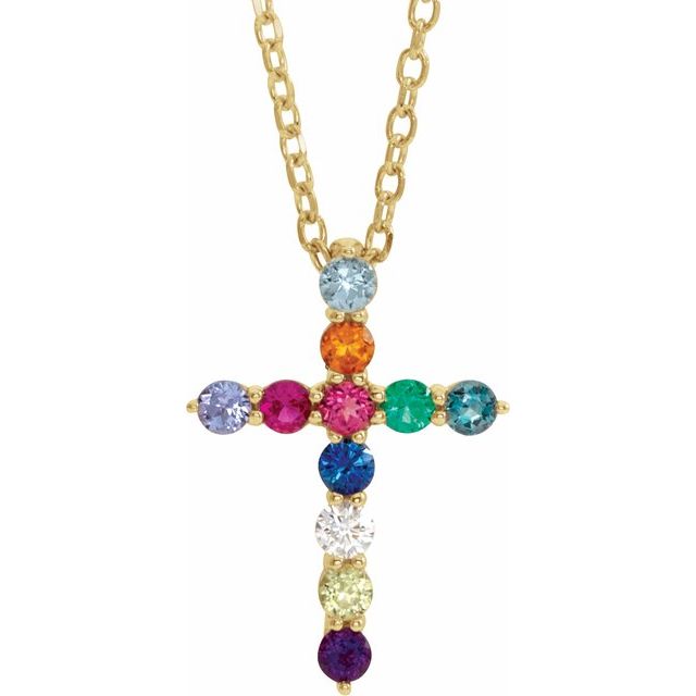 Natural Multi-Gemstone Round Cross Necklace in 14K Gold