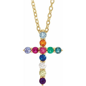Natural Multi-Gemstone Round Cross Necklace in 14K Gold