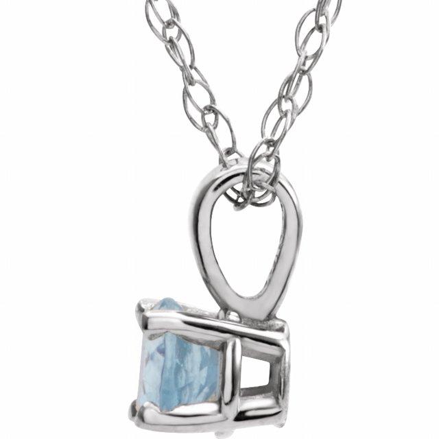 14K White Gold Natural Aquamarine Youth Solitaire Necklace - 14 Inch