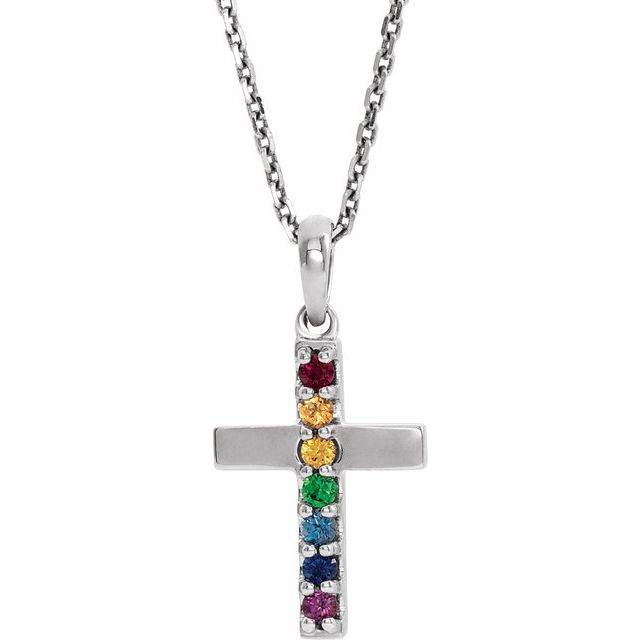 14K Gold Natural Multi-Colored Gemstone Cross Pendant