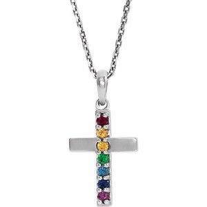 14K Gold Natural Multi-Colored Gemstone Cross Pendant