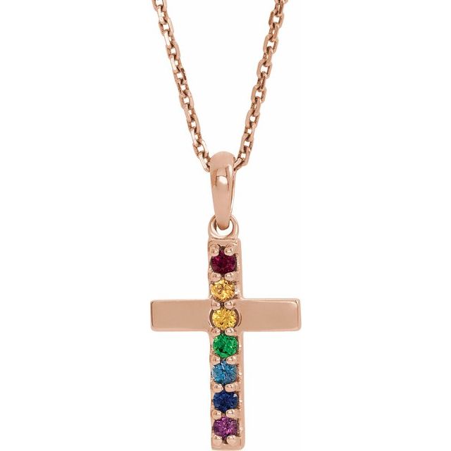 14K Gold Natural Multi-Colored Gemstone Cross Pendant