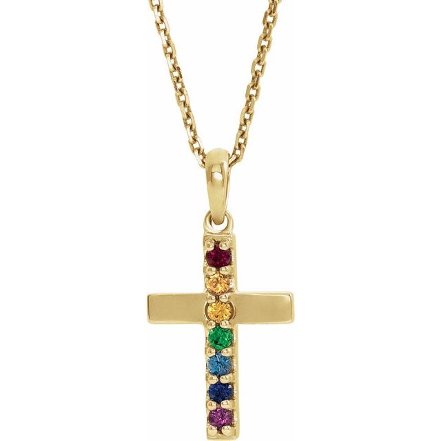 14K Gold Natural Multi-Colored Gemstone Cross Pendant