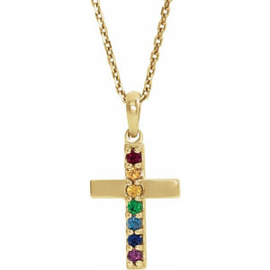 14K Gold Natural Multi-Colored Gemstone Cross Pendant