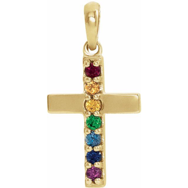 14K Gold Natural Multi-Colored Gemstone Cross Pendant