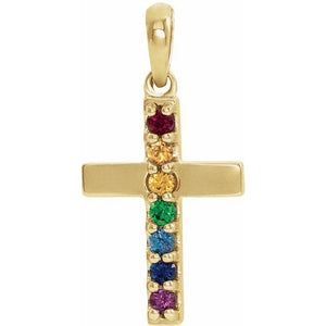 14K Gold Natural Multi-Colored Gemstone Cross Pendant
