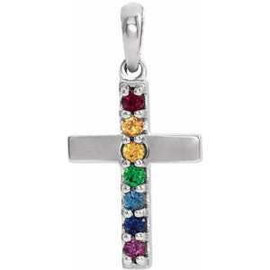 14K Gold Natural Multi-Colored Gemstone Cross Pendant