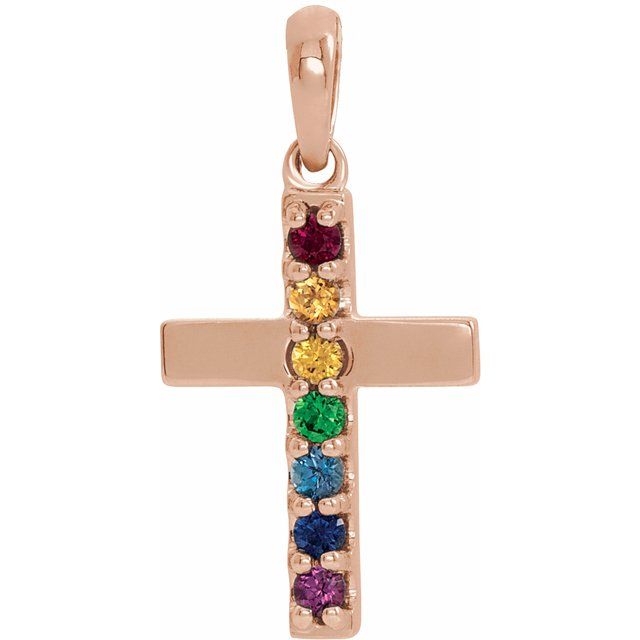 14K Gold Natural Multi-Colored Gemstone Cross Pendant