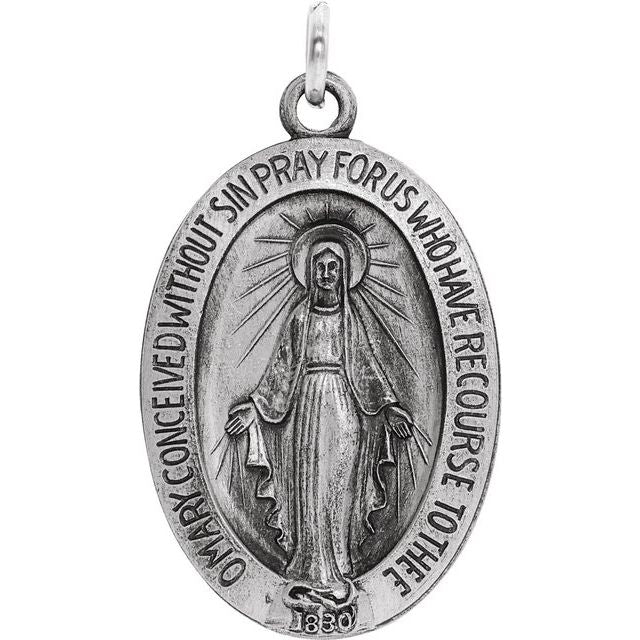 Sterling Silver 23x16  mm Oval Miraculous Medal 18" Necklace