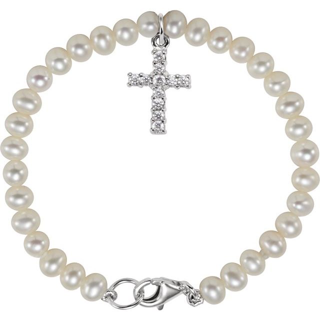 Sterling Silver, 4 mm Cultured White Freshwater Pearl & Cubic Zirconia Cross Bracelet – Elegant Design