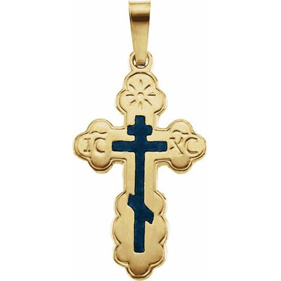 14K Gold Orthodox Cross Pendant With Blue Enamel