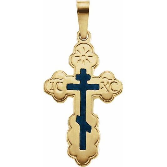 14K Gold Orthodox Cross Pendant With Blue Enamel