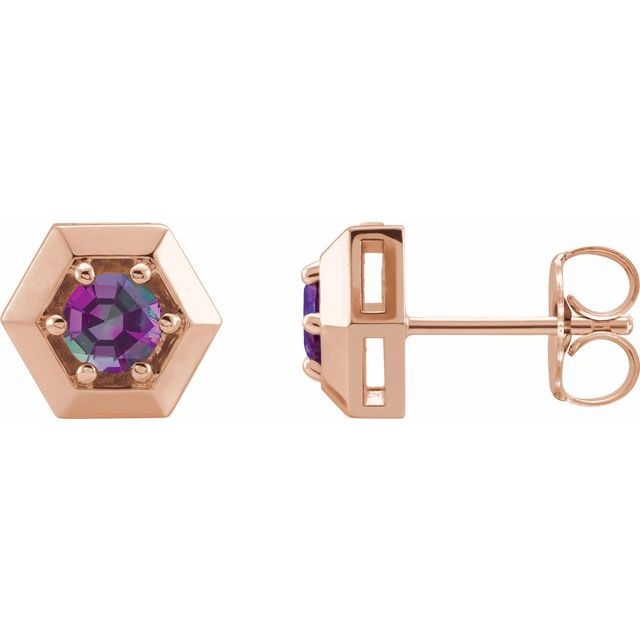 Solitaire Hexagon Lab-Grown Alexandrite Stud Earrings in 14K Gold, Platinum & Silver