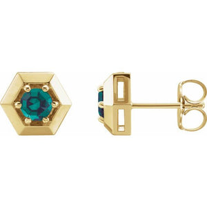 Solitaire Hexagon Lab-Grown Alexandrite Stud Earrings in 14K Gold, Platinum & Silver