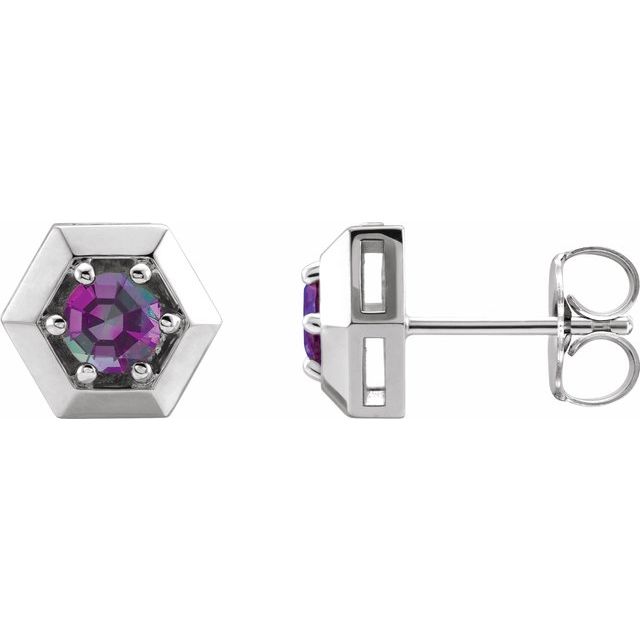 Solitaire Hexagon Lab-Grown Alexandrite Stud Earrings in 14K Gold, Platinum & Silver