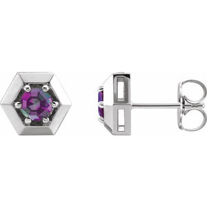 Solitaire Hexagon Lab-Grown Alexandrite Stud Earrings in 14K Gold, Platinum & Silver