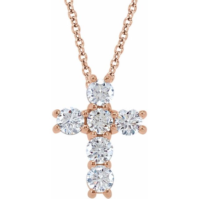 14K Rose Gold 18" Natural Diamond Cross Necklace - Elegant Design