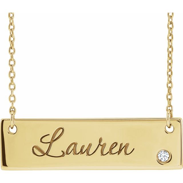 14K Gold Natural Diamond Engravable Bar Necklace