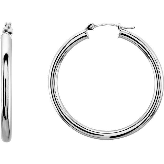 14K White Gold 15 mm Polished Tube Hoop Earrings