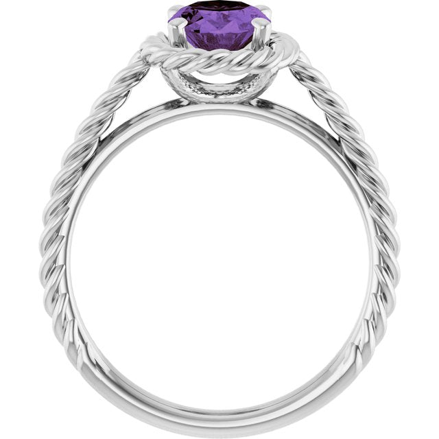 14K White Gold Natural Amethyst 8x6 mm Rope Ring