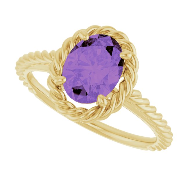 14K White Gold Natural Amethyst 8x6 mm Rope Ring