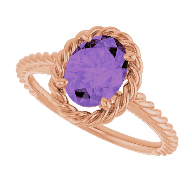 14K White Gold Natural Amethyst 8x6 mm Rope Ring