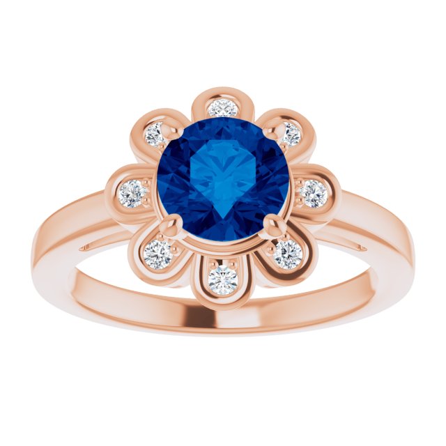 14K White Gold Lab-Grown Blue Sapphire 6.5 mm & Natural Diamond Ring