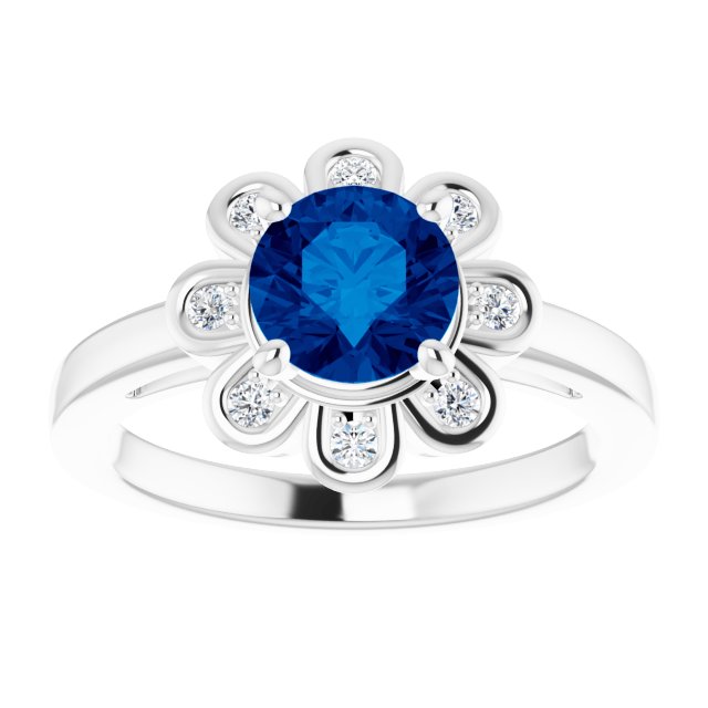 14K White Gold Lab-Grown Blue Sapphire 6.5 mm & Natural Diamond Ring