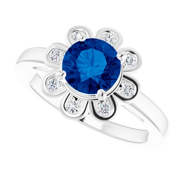 14K White Gold Lab-Grown Blue Sapphire 6.5 mm & Natural Diamond Ring