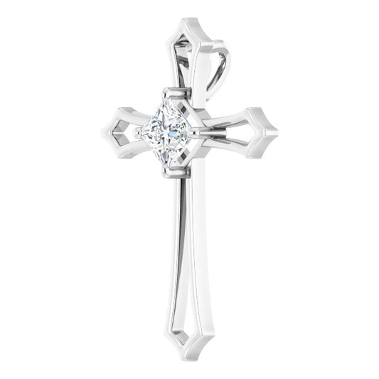 14K White 4  mm Square 3/8 CTW Natural Diamond Cross Pendant