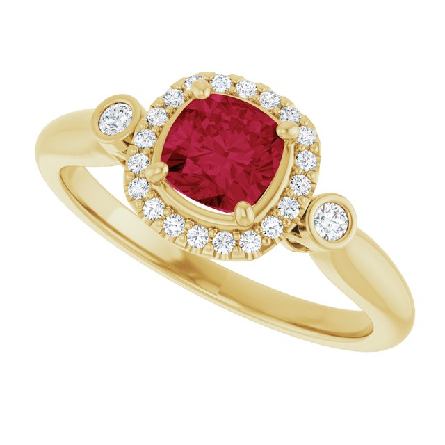 14K Yellow Gold Cushion Cut Lab-Grown Ruby & 1/6 CTW Diamond Ring