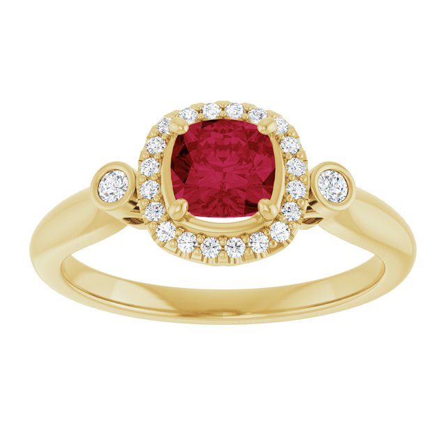 14K Yellow Gold Cushion Cut Lab-Grown Ruby & 1/6 CTW Diamond Ring