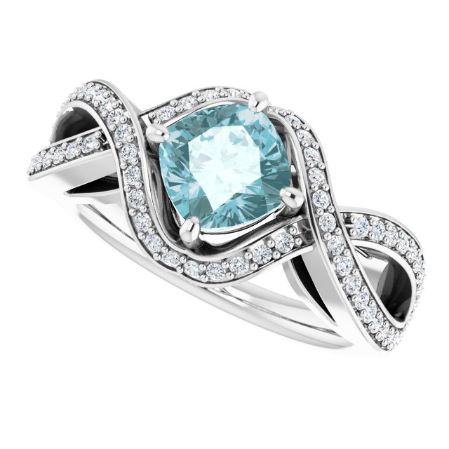 14K White Gold Cushion-Cut Natural Sky Blue Topaz & Diamond Ring