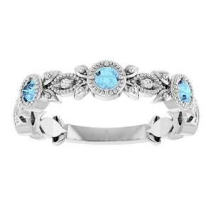 14K Gold Aquamarine And Diamond Leaf Pattern Ring