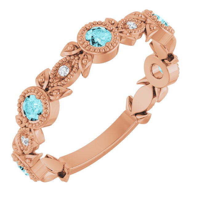 14K Gold Aquamarine And Diamond Leaf Pattern Ring