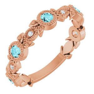 14K Gold Aquamarine And Diamond Leaf Pattern Ring